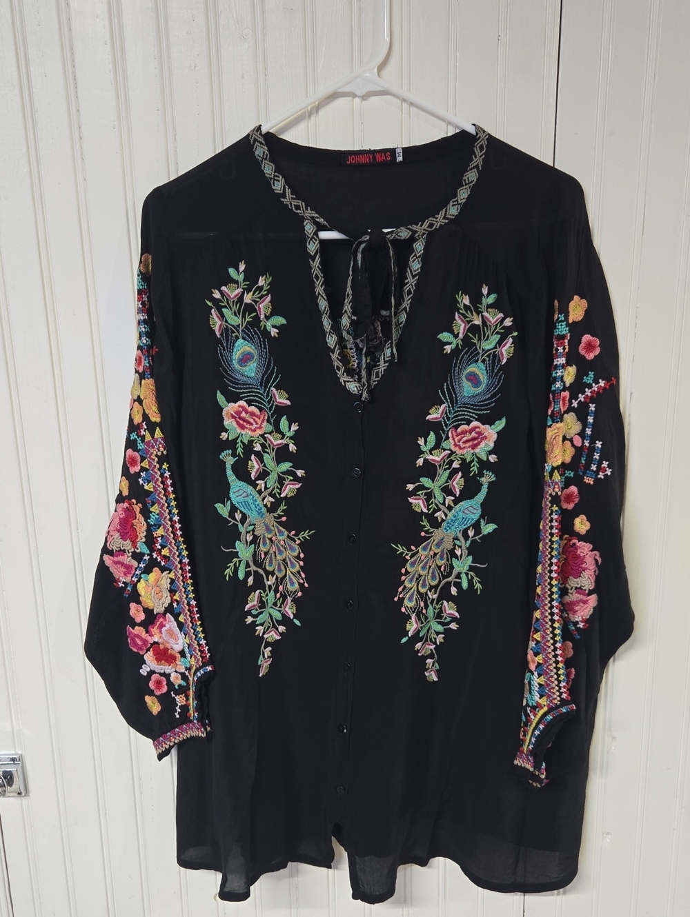 Johnny Was Black Embroidered Peasant Blouse